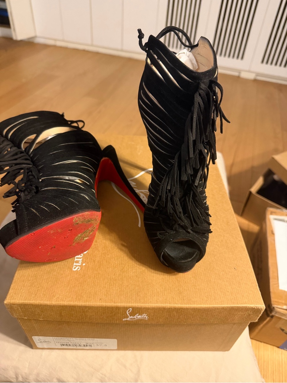 Christian Louboutin Black Suede Fringe Peep-Toe Lace-Up Heels